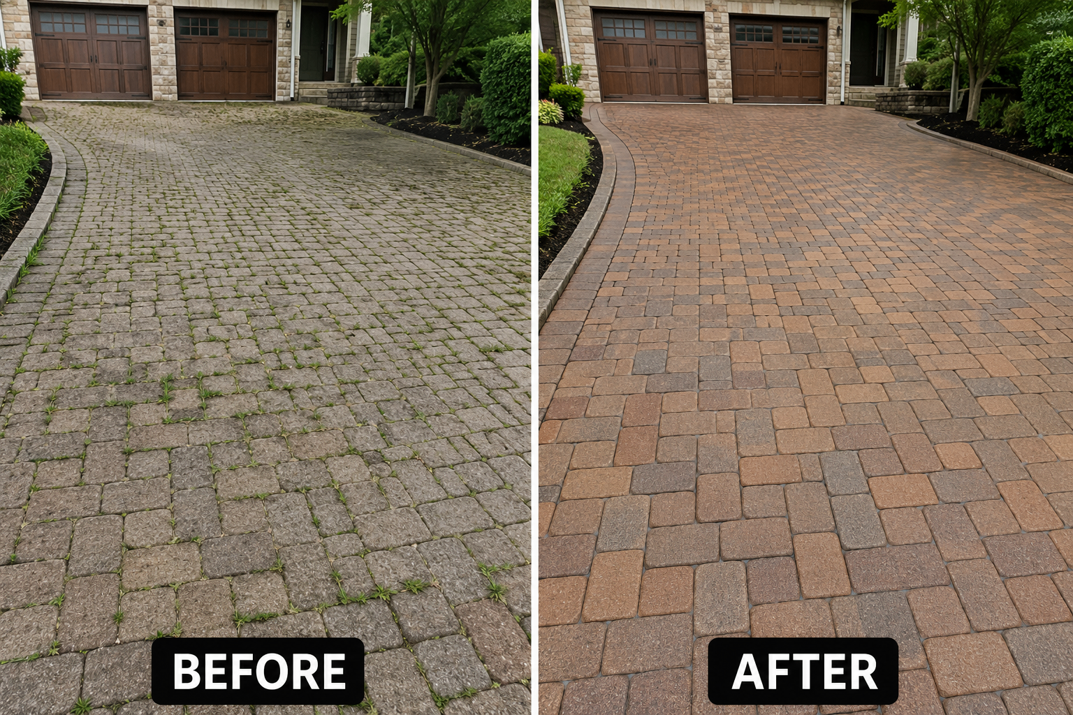 Before and after paver driveway sealing transformation