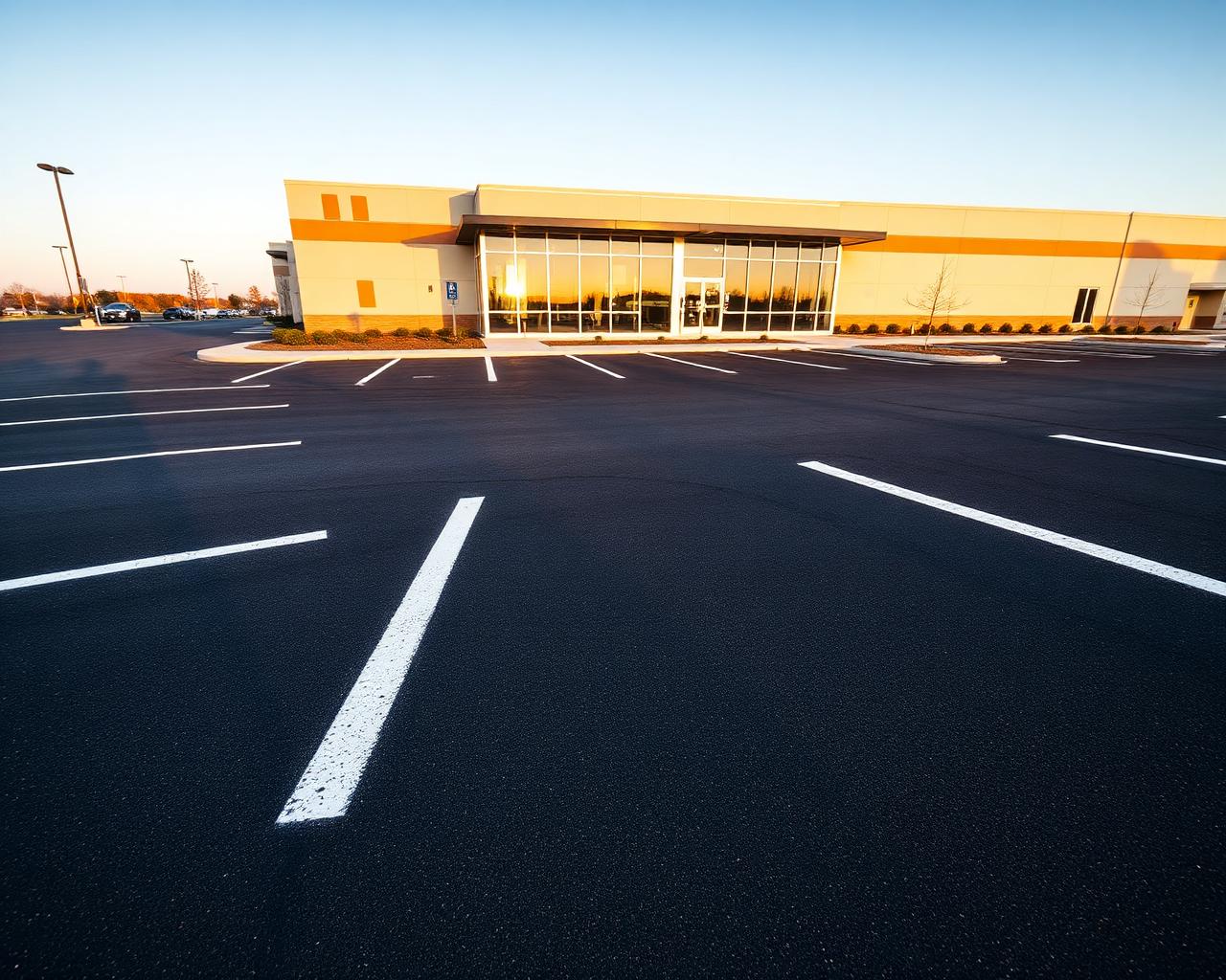 Freshly paved and striped commercial parking lot maintained by GDL Exterior Solutions