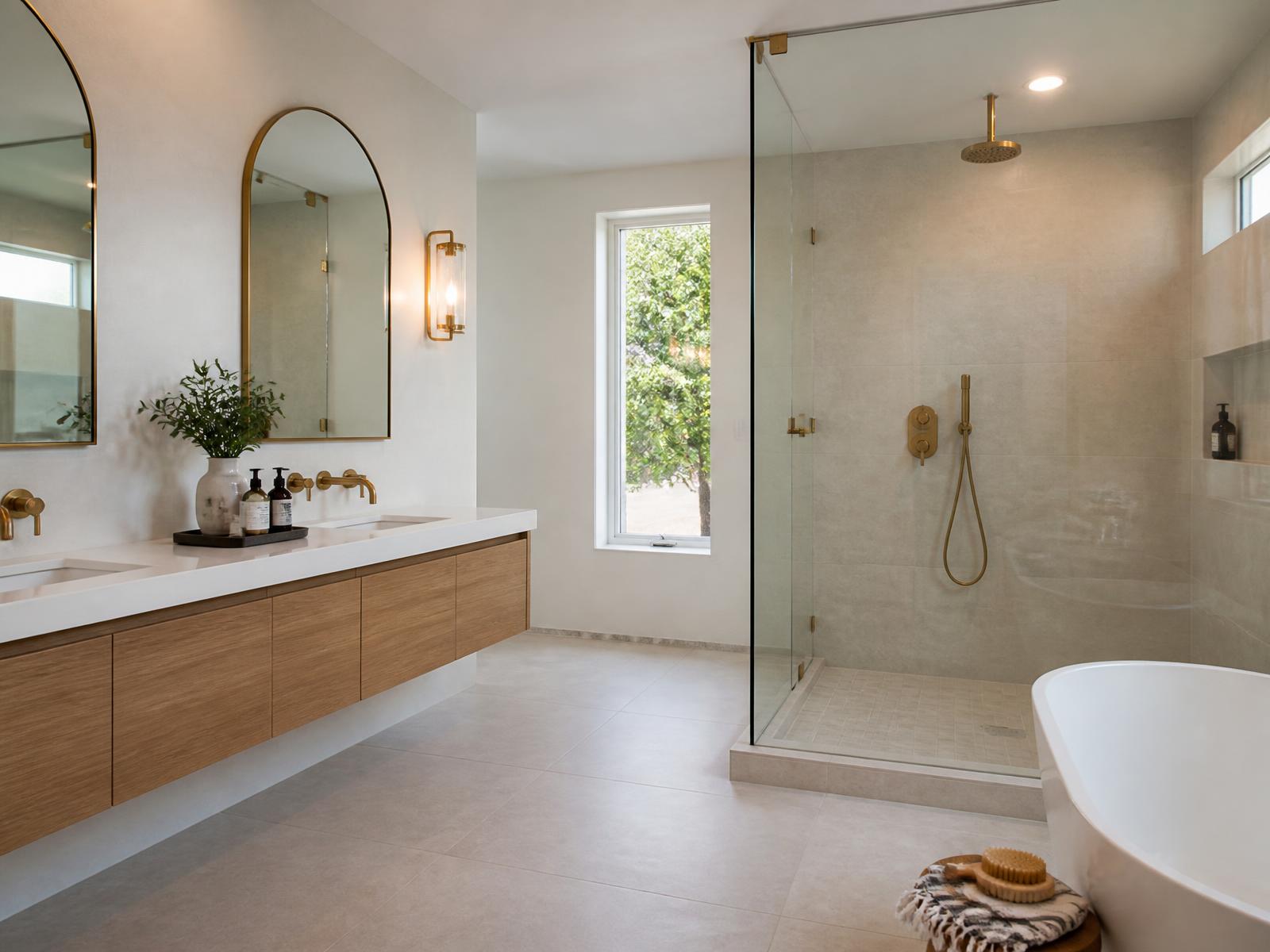 Modern remodeled bathroom with walk-in shower and floating vanity