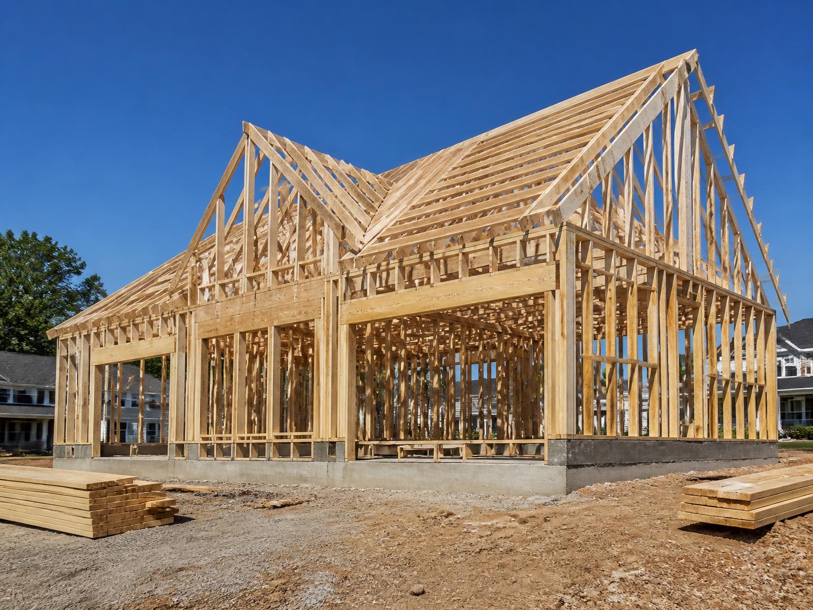 New custom home under construction, framing and roof trusses complete